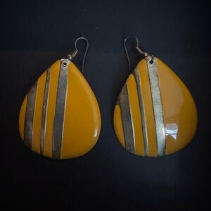 Vintage Yellow with Silver Stripes Teardrop Earrings